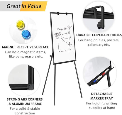 Easel Whiteboard - Black Magnetic Portable Dry Erase 40 x 28 Tripod Height Adjustable, Flipchart Easel Stand White Board for Office