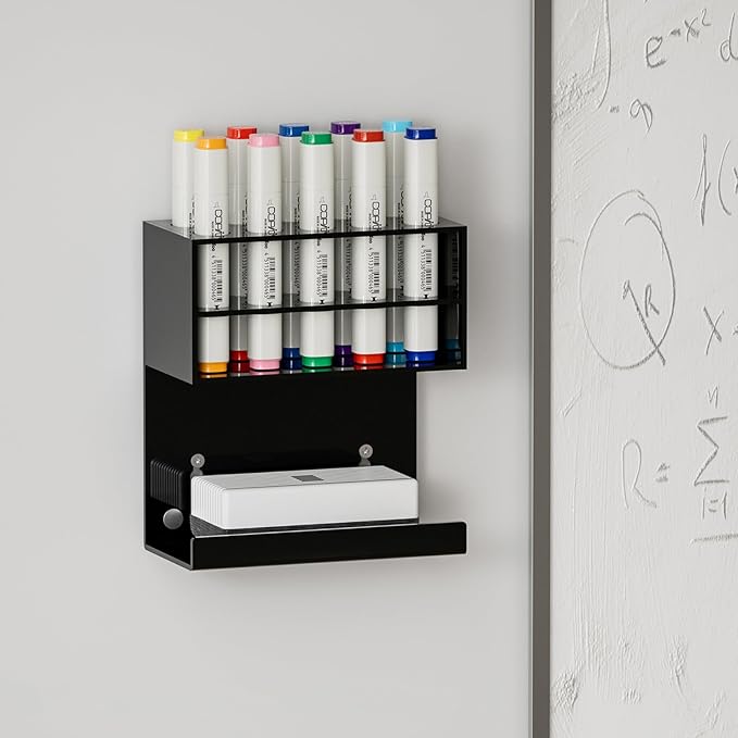 Acrylic Black Whiteboard Magnetic Marker Holder,Wall Mounted Dry Erase Whiteboard Marker Holder Stand Acrylic Magnet Pen Holder for Fridge Refrigerator for School Office Home(Black, 1)