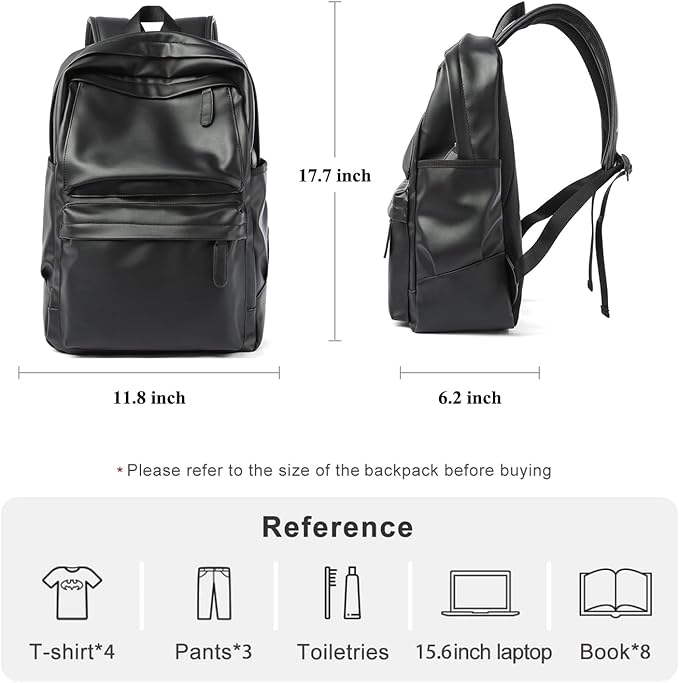 Black Leather Backpack, Large Capacity Carry On Back Pack Fits 15.6'' Laptop, Water-Resistant Overnight Rucksack for Travel Hiking Business Work PU Backpack