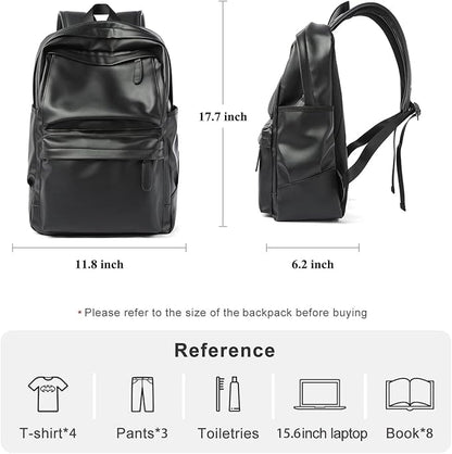 Black Leather Backpack, Large Capacity Carry On Back Pack Fits 15.6'' Laptop, Water-Resistant Overnight Rucksack for Travel Hiking Business Work PU Backpack