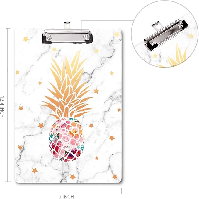 WAVEYU Clipboard, Pineapple Hardboard Office Clipboard, Cute Golden Decorative Clipboard with Low Profile Clip Chic Designed for Students Classroom School and Office Use, Pineapple (12.5"x9")