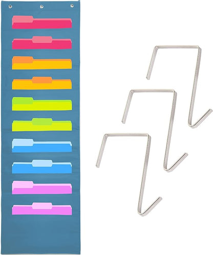 Hippo Creation Blue Pocket Chart for Classroom - 10 Pocket Storage Black Pocket Charts, 3 Over Door Hangers Included, Hanging Wall File Organizer for File Folders, School Mailbox, Home/Office Papers