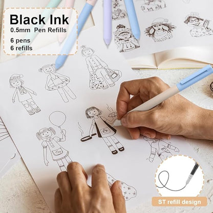 AUAUY 6PCS Gel Pens, Retractable Quick Dry Gel Ink Pen, Pens for Journaling with 6 Refill, Cute Pens, Smooth Writing Pens, 0.5mm Black Ink Pens, Office School Supplies Kids Gift（Double Matching Color）