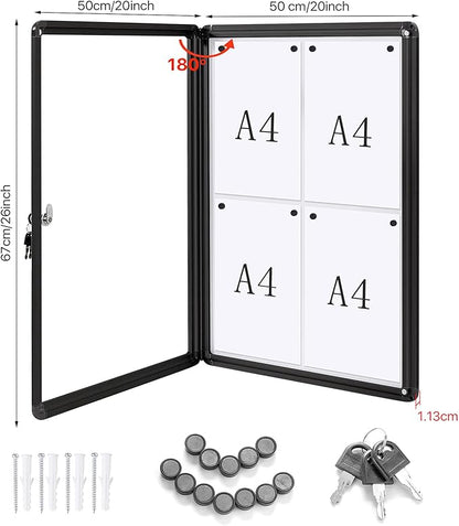 SWANCROWN Enclosed Notice Board Magnetic Bulletin Boards for Office with Locking Door,Black Frame, 26x20inch(4XA4