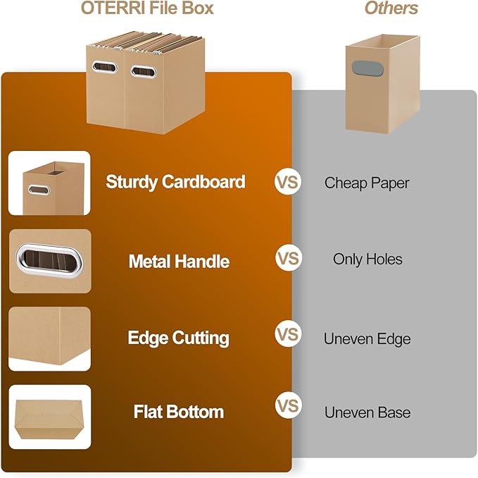 Oterri File Organizer, Small Storage Box, Cardboard File Folder Organizer, Collapsible File Box, Hanging File Organizer for Letter Size, Portable File Box with Handle, Only Box (Brown,6 Packs)