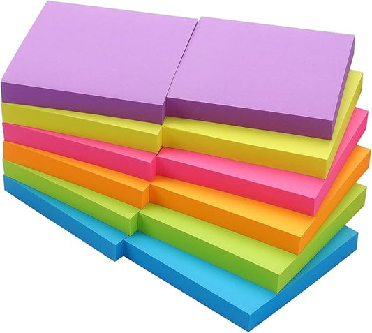 Sticky Notes 3x3 inch Bright Colors Self-Stick Pads 12 Pads/Pack 100 Sheets/Pad Total 1200 Sheets