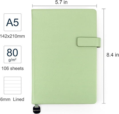 A5 Hard Cover Notebook with Pen Holder, Gold Edges & 180° Lay Flat - Large 5x8.25 Lined, Bookmark, Gift Box - Durable Journal for Office, Study, Travel - Writers, Students (Grass Green)
