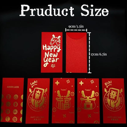 Red Envelopes Chinese 12 PCS,Lucky Money Envelopes,Gold Foil New Year Wishes Envelopes Red Pocket Hong Bao 6 Designs For 2024 The Dragon Lunar Year Spring Festival Birthday Wedding Party Cash Gifts