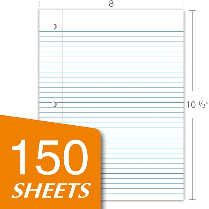 Kaisa Filler Paper Notebook Paper, College Ruled 8"x10.5" Loose Leaf Paper for 3-Ring Binders, 150 Sheet/pack,12pack (Total 1800 Sheets)