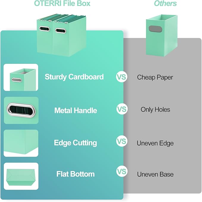 Oterri File Organizer, Small Storage Box, Cardboard File Folder Organizer, Collapsible File Box, Hanging File Organizer for Letter Size, Portable File Box with Handle, Only Box (Mint Green,6 Packs)