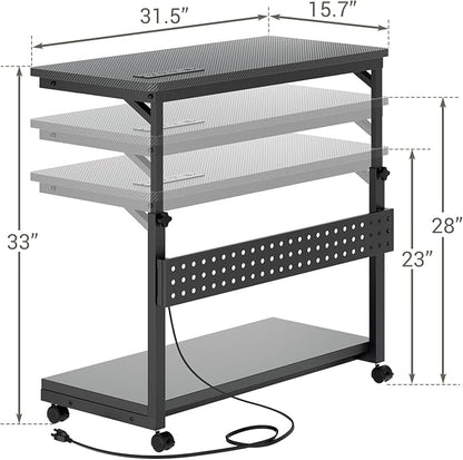 Computer Tower Stand with Power Strips, Height Adjustable PC Tower Stand/Cart with Wheels, Mobile Rolling CPU Holder, Computer Cart Side Stand for Computer Desk, 32", Carbon Fiber Black