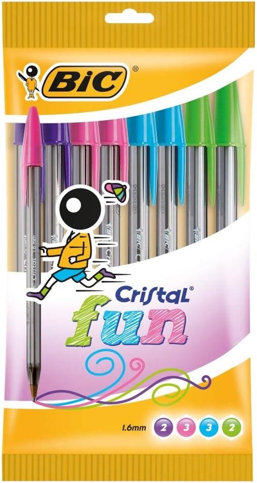 Bic Cristal Fun Ballpoint Pens with 5 Assorted Ink Colours, Wide Point (1.6 mm), Pack of 10