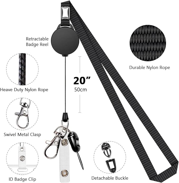 6 Pack Retractable Badge Lanyards and ID Badge Holder, Strap Lanyard with Swivel Metal Clasp for Badge Holders, Keychains, Offices, Staff, Students, Employees, Black