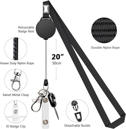 6 Pack Retractable Badge Lanyards and ID Badge Holder, Strap Lanyard with Swivel Metal Clasp for Badge Holders, Keychains, Offices, Staff, Students, Employees, Black