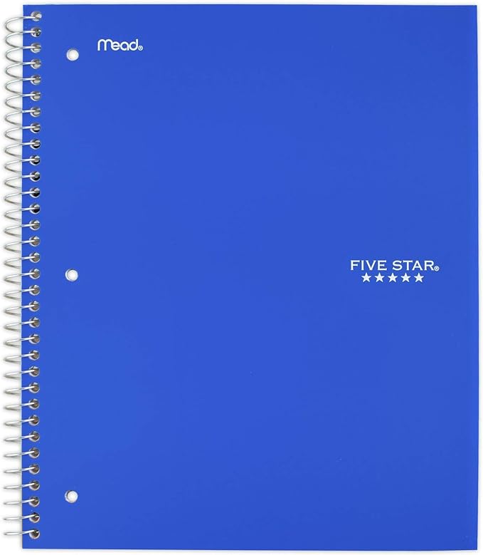 Five Star Spiral Notebook, 1 Subject, Wide Ruled Paper, 10-1/2" x 8", 100 Sheets, Assorted Colors, Color Will Vary, Office Product , 1 Count (05200)
