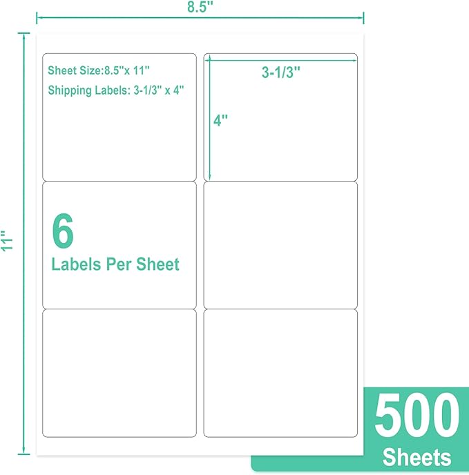 L LIKED Printable Shipping Address Labels, 500 Sheets Mailing Labels, 3-1/3" x 4" Sticker Labels for Laser/Inkjet Printing, Matte White - 3000 Labels.