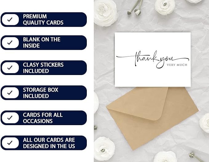 120 Bulk Handwritten Thank You Cards Blank Inside with Brown Kraft Envelopes and Matching Stickers, Perfect for: Wedding, Bridal Shower, Baby Shower, Birthday, or just to say thanks!