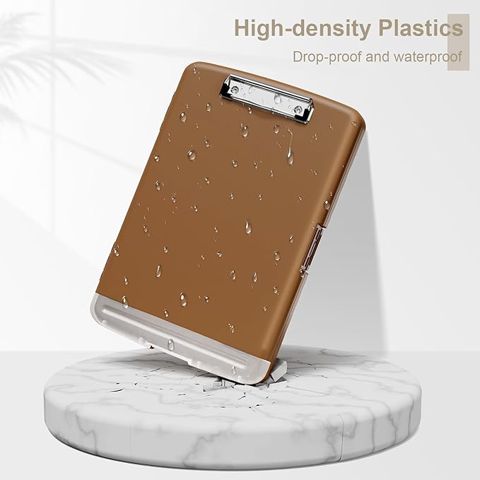 Piasoenc Clipboard with Storage, 8.5 x 11 Organization Box with Pen Holder and A4 Legal Paper Folder, Heavy Duty Plastic, Folio & Side-Opening, Low Profile Clip, for Nurses, Teachers, Brown