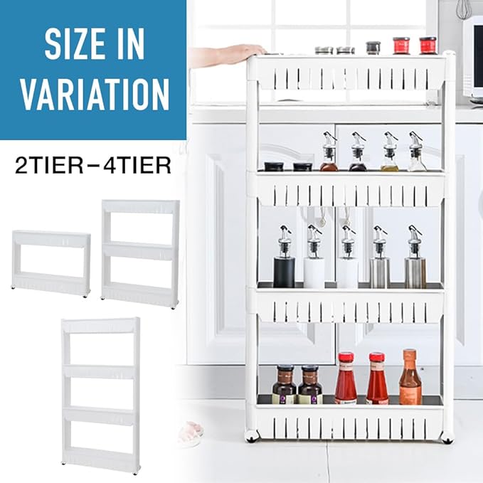 Slim Rolling Storage Cart 4 Tier, Small Plastic Kitchen Laundry Room Cart, Mobile Storage Organizer Shelves, Utility Cart Tower Rack for Bathroom Bedroom (White)