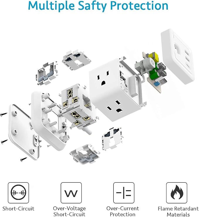 BEVA Power Strip with USB - 5ft Long Extension Cord with 4 Widely Spaced Outlets and 3 USB Ports Cube Desktop Charging Station, Overload Protection, Compact for Travel, Cruise Ship and Dorm