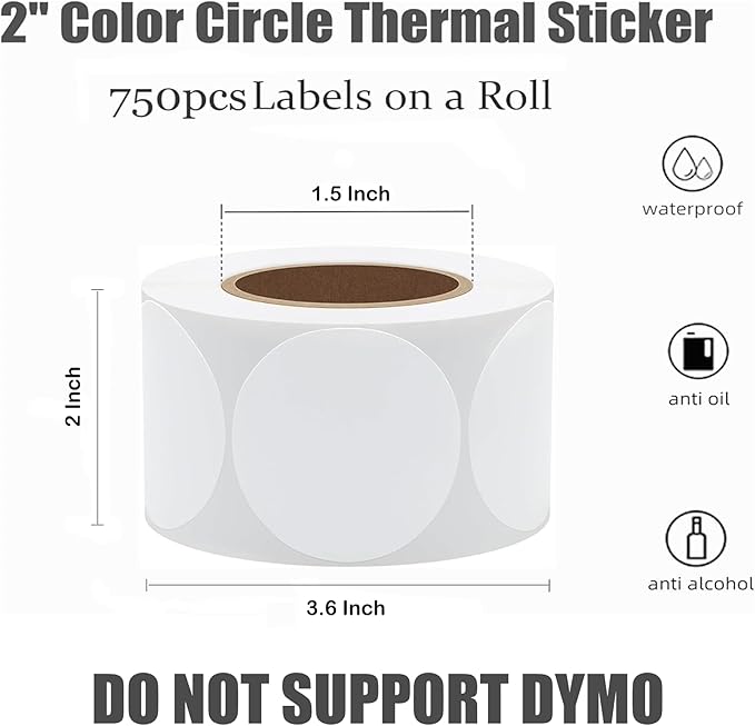 Hybsk 2 inch Circle Color Direct Thermal Stickers Shipping Labels for Barcodes,Name Tag,DIY Logo Design,QR Code,Inventory– Compatible with Zebra,Rollo and More-750 pcs (2 inch,White)