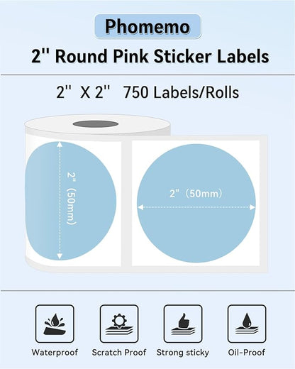 Phomemo 2” Color Circle Thermal Labels, Self-Adhesive Round Direct Sticker Labels, Circular Thermal Printer Label for Logo Design, Name/Price Tag, Thanks Card, Address, QR Code, 750 Labels/Roll, Blue