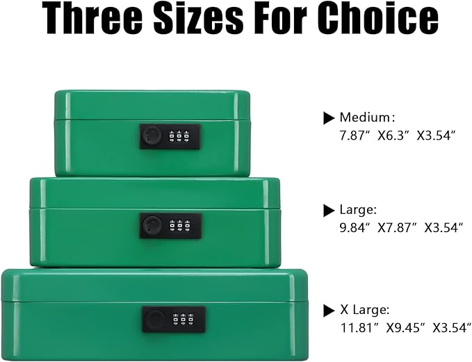 KYODOLED Cash Box with Combination Lock,Safe Metal Box for Money,Storage Lock Box with Money Tray,7.87"x 6.30"x 3.54" Green Medium