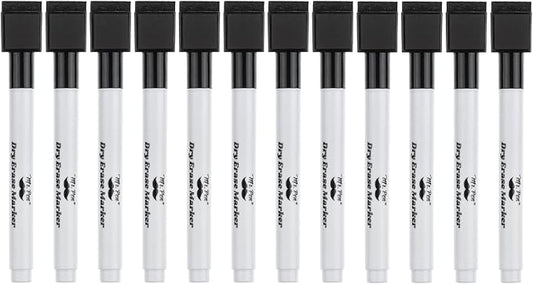 Mr. Pen Magnetic Dry Erase Markers - 12 Pack, Black Fine Tip with Eraser Cap