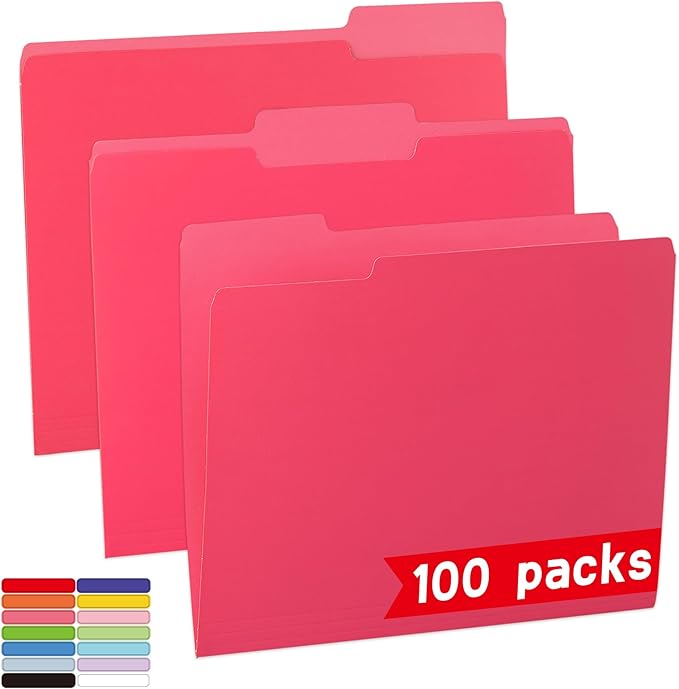 100 Packs File Folder,Rose Red File Folders Letter Size,1/3-Cut Tabs,8.5x11 File Folders for Office,School and Home,Organizer Folder