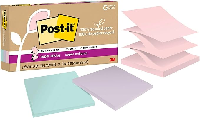 Post-it Super Sticky 100% Recycled Pop-up Notes, 3 in. x 3 in., 70 Sheets, 6 Pads, Wanderlust Collection, School Supplies and Office Products