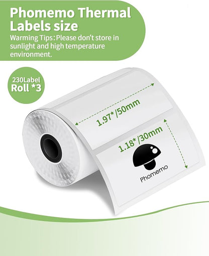 Memoqueen 3 Roll Thermal Sticker Labels for M110S/M221/M220/M120/M200/M110 Label Makers,1.97"x1.18"(50mm*30mm),Multi-Purpose Labels for Bussiness,Barcode,Home,230 Labels/Roll,Black on White