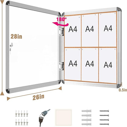 28"x26" Enclosed Bulletin Board, Lockable Weather-Resistant Aluminum Cork Noticeboard for School & Office, Silver Frame w/Cork
