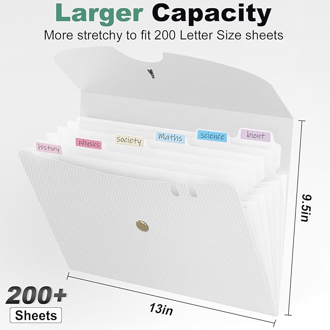Sooez 7 Pocket Expanding File Folder, Premium Accordion File Organizer, Letter Size Folders for Documents, Sleek Filing Folders with Bungee Closure, Portable Folders for School Office Supplies, White