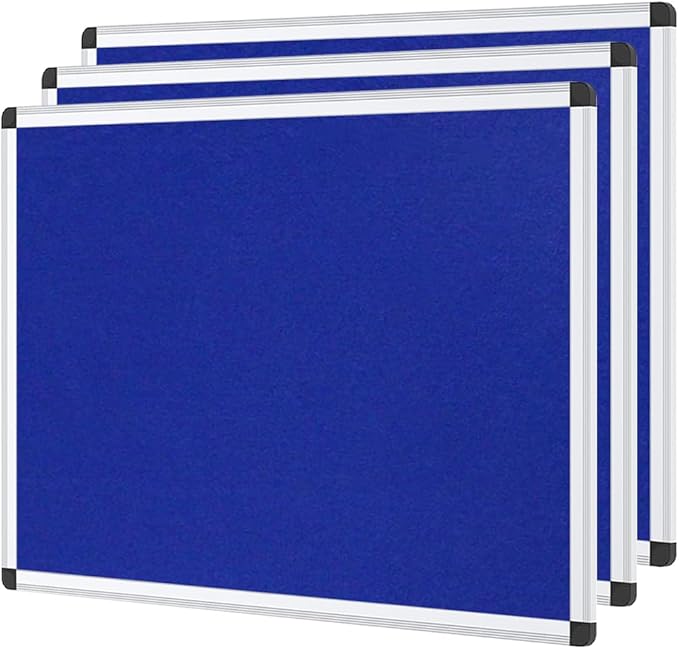 VIZ-PRO Notice Board Felt Blue, 48 X 24 Inches, 3 Pack, Silver Aluminium Frame