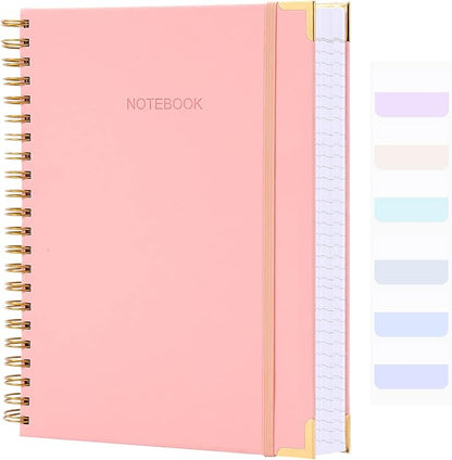 Spiral Notebook, College Ruled Notebook Journal, 7” x 10”, 300 Pages Leather Writing Journal for Women Men, B5 Hardcover Notebook for Work School, 24pcs Index Tabs, Pink