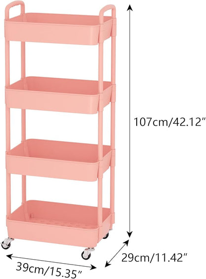 Sywhitta 4-Tier Plastic Rolling Utility Cart with Handle, Multi-Functional Storage Trolley for Office, Living Room, Kitchen, Movable Storage Organizer with Wheels, Pink