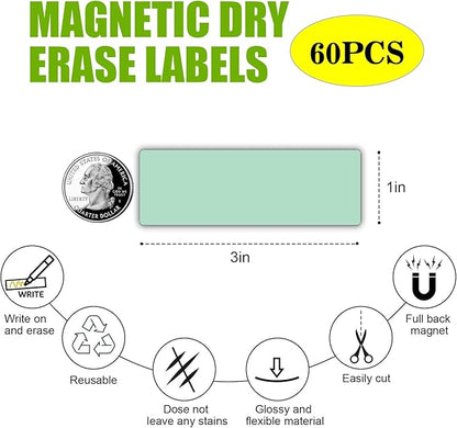 Magnetic Dry Erase Magnets Labels(1x3",Pack of 60),Organizing Schedules in Office/Classroom.Reusable Name Tags on Fridge/White Board,Pastel Colors(Light Green)
