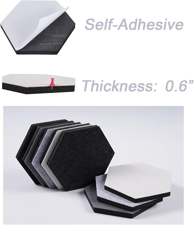 LAJAR 8 Pcs Hexagon Felt Bulletin Board Tiles, Self Adhesive Felt Pin Board Wall Tiles for Photos, Pictures, Memos (Black)