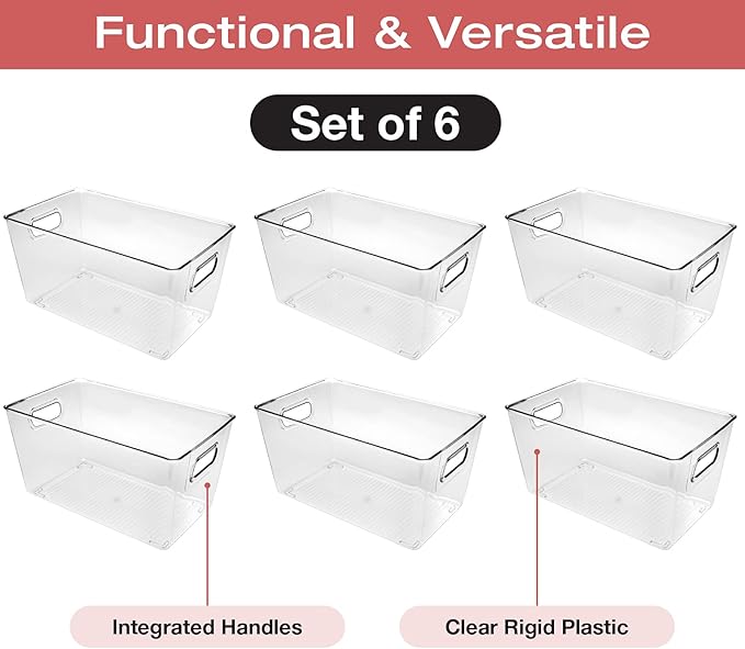 Excello Global Products 10.12" x 6.02" x 5.31" Rigid Plastic Clear Storage Bins for organizing and storing household goods, food, or Office supplies (Pack of 6)