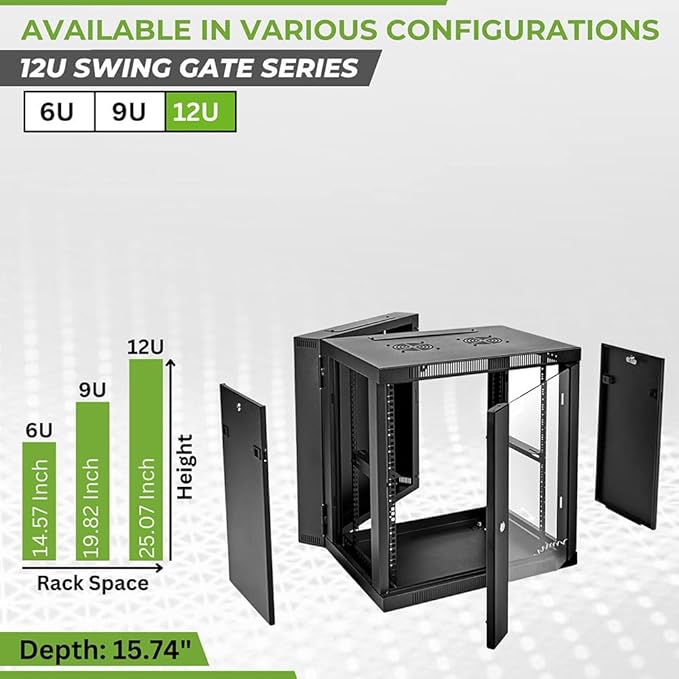 NavePoint 12U Server Cabinet with Hinged Back - 21.6” Deep, 12U Server Rack Enclosure with Locking Glass Door, Wall Mount Rack with Removable Side Panels, 12U Network Cabinet with 2 Fans, Assembled