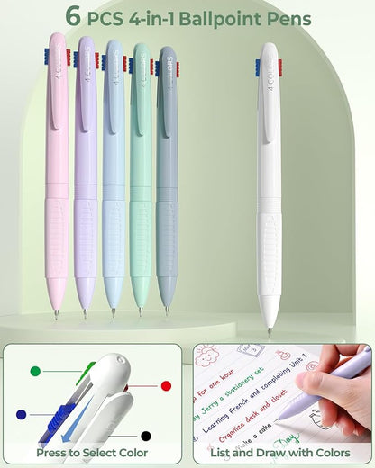 Four Candies 56 PCS Aesthetic School Supplies with Large Pencil Case, 6 Colored Ballpoint Pens, 12 Pastel Highlighters, 5 Black Ink Gel Pens, 9 Mechanical Pencils 0.5-2.0mm Student Essentials (Green)