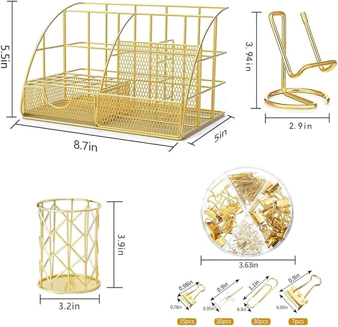 JUOPIEA Desk Organizers and Accessories Office Supplies Organizer with Pen Holder, 72 Clips Set and Phone Stand, Metal Mesh Desktop Organizers with Drawer for Home, Office, School Ect (Gold)
