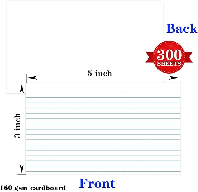 300 Pcs Index Cards 3x5 Ruled - Pinovk Flash Cards for Studying, White Index Cards, File Note Cards, Study Cards, Flash Cards, Study Cards, Lined Index Flashcards for Office and School Supplies