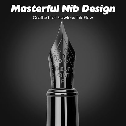 Fountain Pen with Fine Nib - Modern Black Metal Design with Intricate Knurled Grip, Smooth and Skip-Free Writing, Includes Ink Cartridges, Converter, and Protective Sleeve