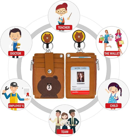 Cute Badge Holder Retractable Lanyard Reel Clip with Heavy Duty Carabiner, 1 Clear ID Window, and 4 Card Slots in 2 Sided for Students Teens Boys Girls Women (01 Brown Bear)