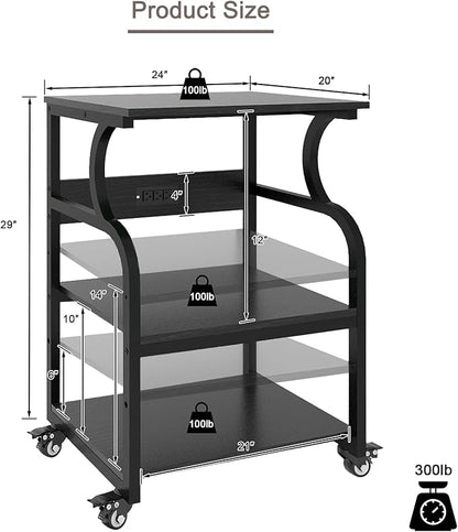 Natwind Large Printer Stand,24''x20''x29''Printer Table with Adjustable Storage Shelf,3 Tier Rolling Printer Cart with Wheels,Home Office Multifunctional Shelves for Heat Press,3D Printer (Black)