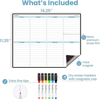 CLEVER CLEAN Magnetic Dry Erase Weekly Calendar - 14.25"x11.25" Weekly Calendar for Fridge - 6 Extra Fine Point Markers Included - Shipped Flat
