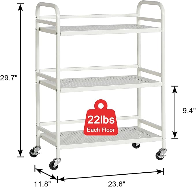 3-Tier Mesh Metal Rolling Cart, Multipurpose Heavy Duty Cart, Multipurpose Storage Rack,Utility Cart, High Capacity Cart with Locking Wheels(White)