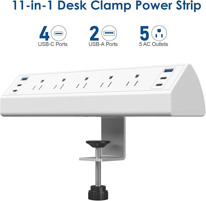 Desk Clamp Power Strip USB C,40W Total Fast Charging Station,4 PD 20W USB C Ports,Nightstand Edge Mount Power Strip with 6 USB Ports 5 AC Outlets Surge Protector,6ft Cord,Fit 1.96" Tabletop Edge