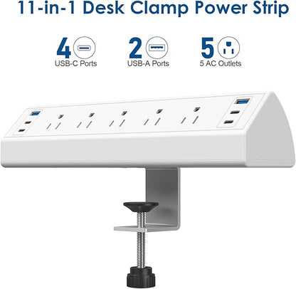 Desk Clamp Power Strip USB C,40W Total Fast Charging Station,4 PD 20W USB C Ports,Nightstand Edge Mount Power Strip with 6 USB Ports 5 AC Outlets Surge Protector,6ft Cord,Fit 1.96" Tabletop Edge